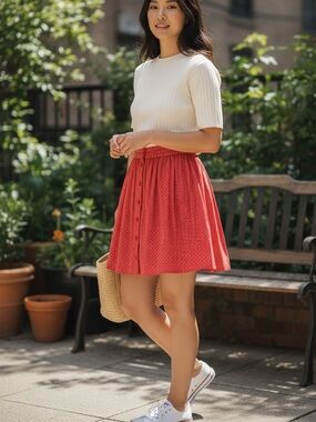 Mossimo Supply Co. Red Floral Button-Front Skater Skirt